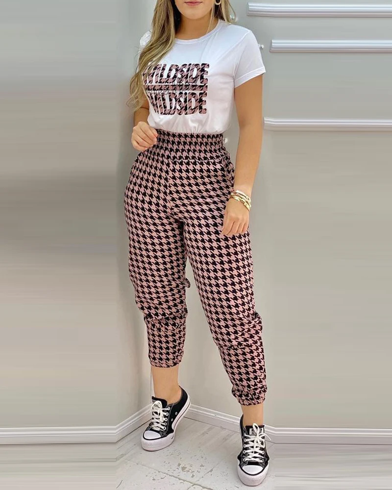 2022 novo conjunto clássico houndstooth carta impressão calças terno feminino verão casual manga curta topo & calças de cintura alta conjunto