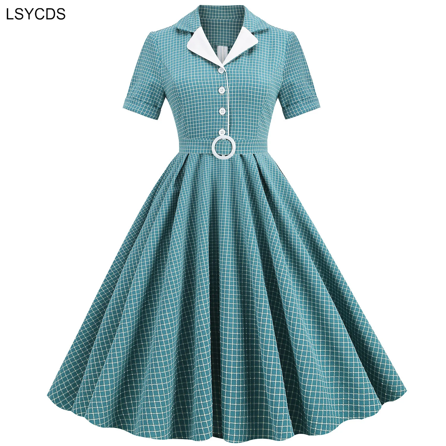 LSYCDS Women Notched Collar Buttons Belted Vintage Plaid Midi Dresses Elegant Short Sleeve 50s Robe Turquoise Swing Party Dress