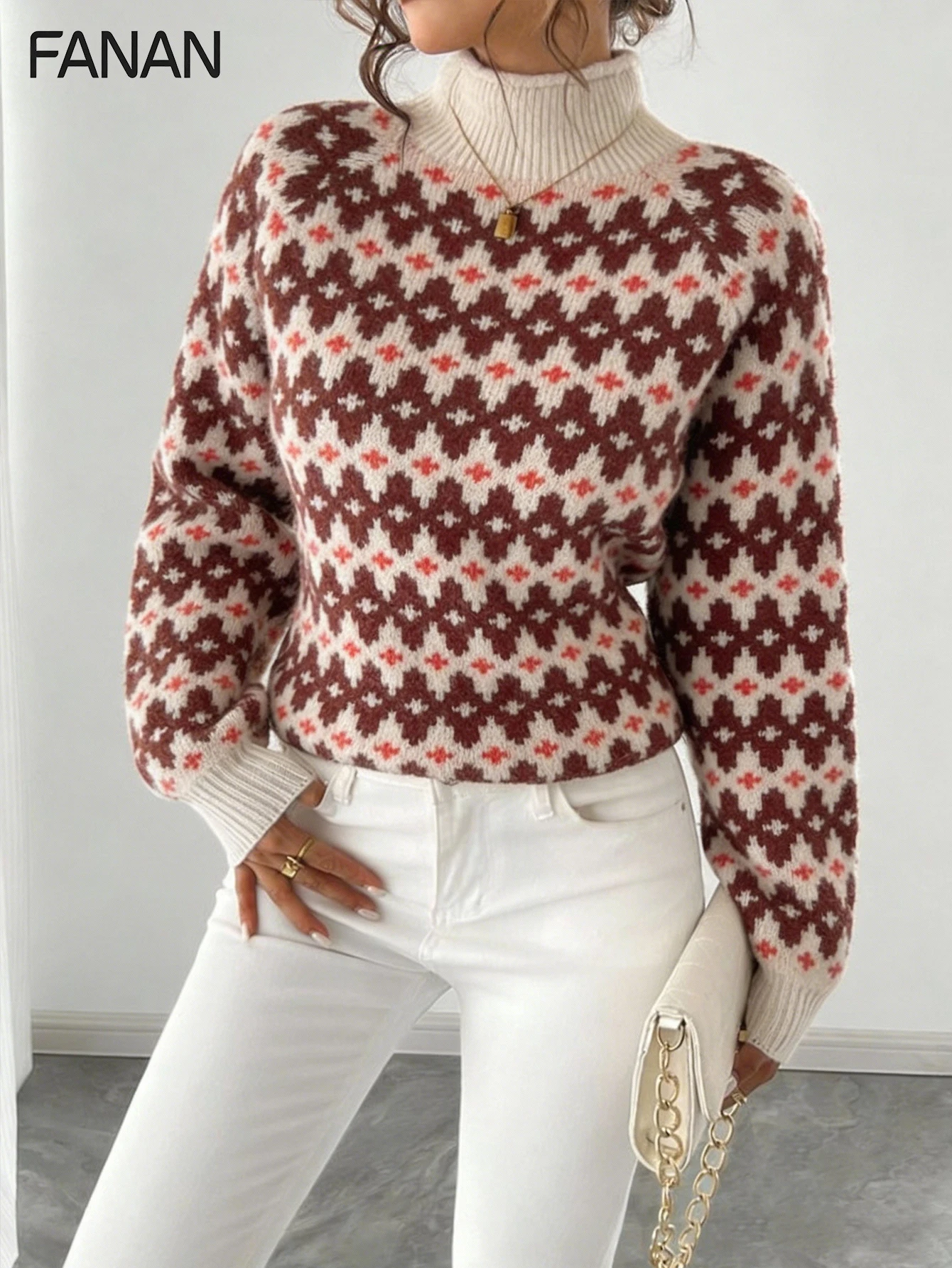 New Autumn and Winter Niche Knit Pullover Sweater for Women, Designed in a Lazy Style, Burgundy Geometric Pattern Fitted Half-Turtleneck Pullover, Casual and Elegant Autumn/Winter Top, Basic Versatile Style for Urban Commuting, Stylish and Fashionable Casual Resort Wear, Designer Pattern Niche Knit Cardigan, Valentine's Day Holiday Clothing, Instagram-Style Clothing, Popular among Korean Shoppers, Date Gift, Women's Clothing