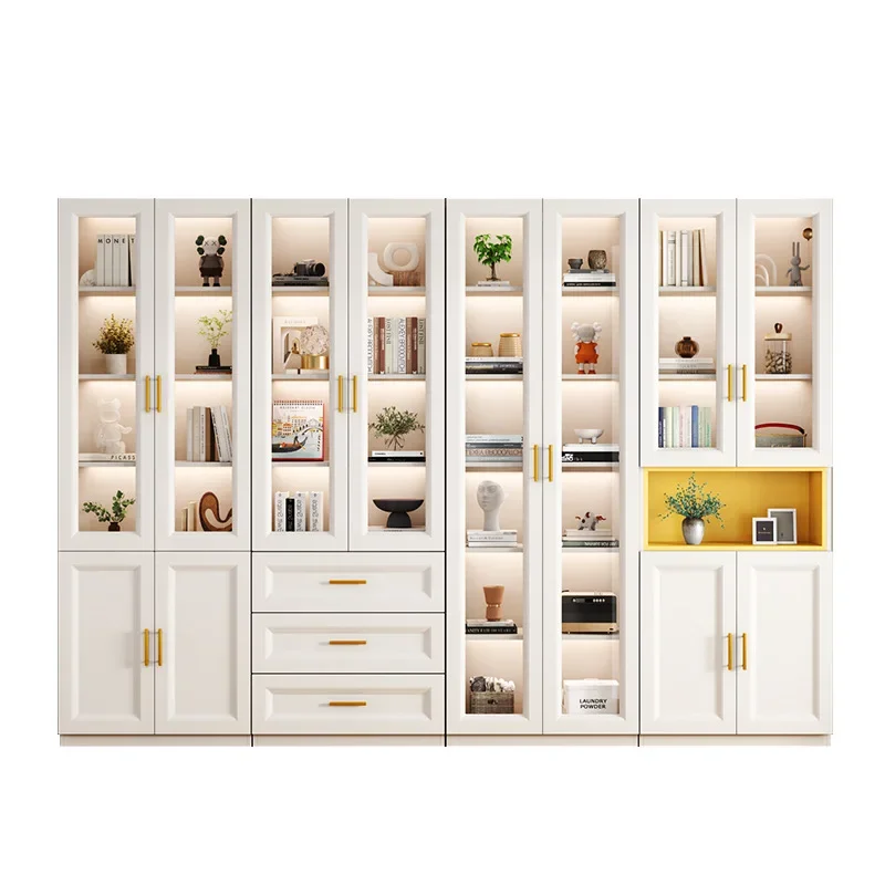 Modern Farmhouse Clear Glass Walnut Display Shelf Multi Tier with Doors Drawers Floor Standing Child Safe for Work Space