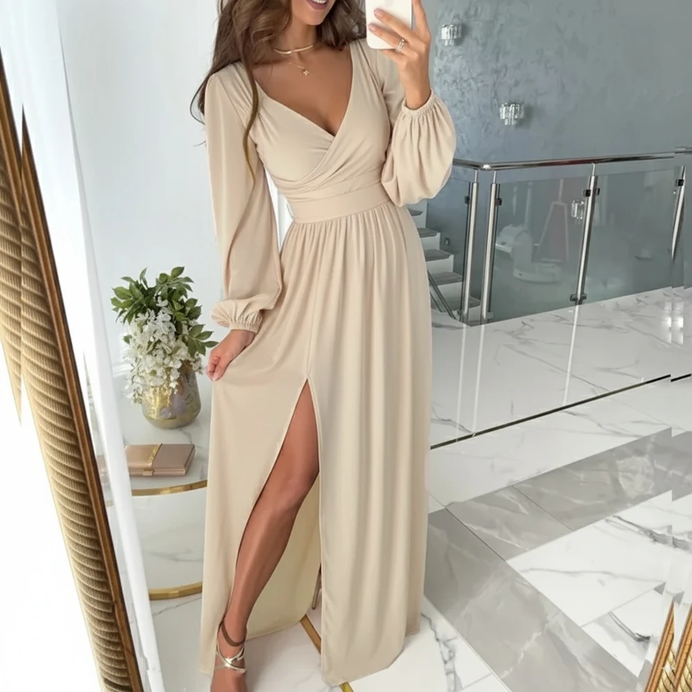 ชุดเดรสฤดูใบไม้ร่วงฤดูหนาวลำลองคอกลมความยาวปานกลางกระโปรงทรงเอแขนตรงเข้ารูปเสื้อผ้าผู้หญิง