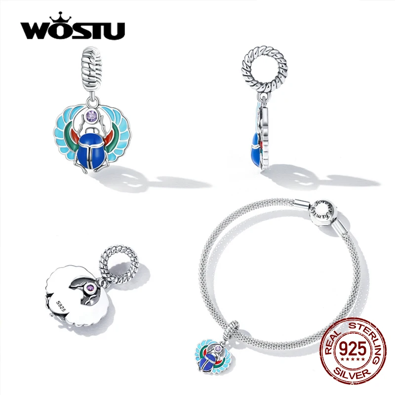 Wostu 925 Sterling Zilver Kleurrijke Lotus & Scarabee Charme Kruis Schedel Kralen Hanger Fit Originele Diy Armband Ketting Sieraden