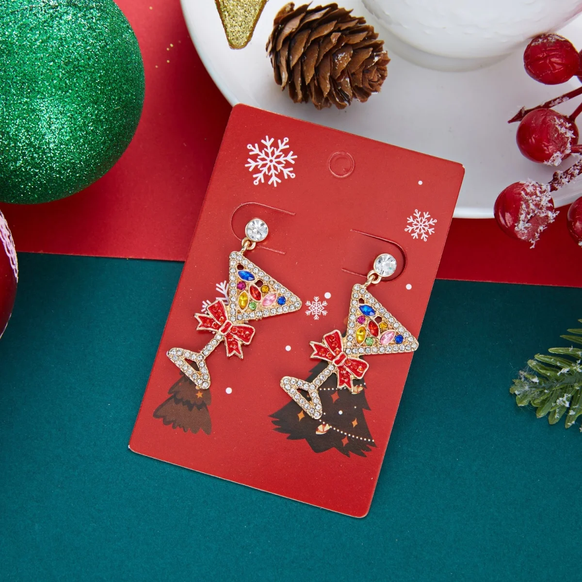 Weihnachts-Strass-Stern-Weihnachtsmann-Ohrhänger für Damen, modische rote Schleifen-Weihnachtsstangen-Weinglas-Socken-Ohrringe, Neujahrs-Schmuck – Detail 29