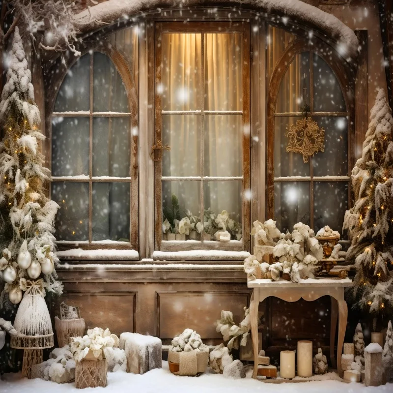 عيد ميلاد سعيد خلفية الشتاء الثلوج شجرة عيد الميلاد هدية نافذة ستارة حمراء التصوير خلفية الأسرة لوازم ديكور الحفلات