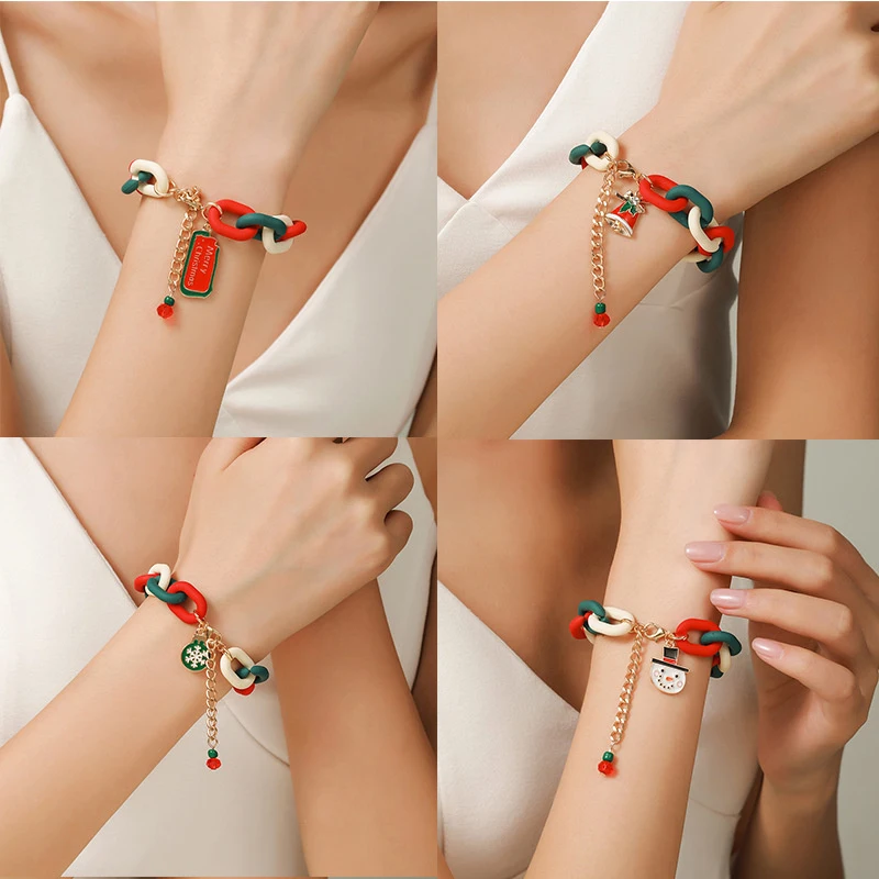 Merry Christmas Red Green Acrylic Bracelet For Women Santa Claus Xmas Tree Snowflake Pendant Beads Bangle New Year Jewelry