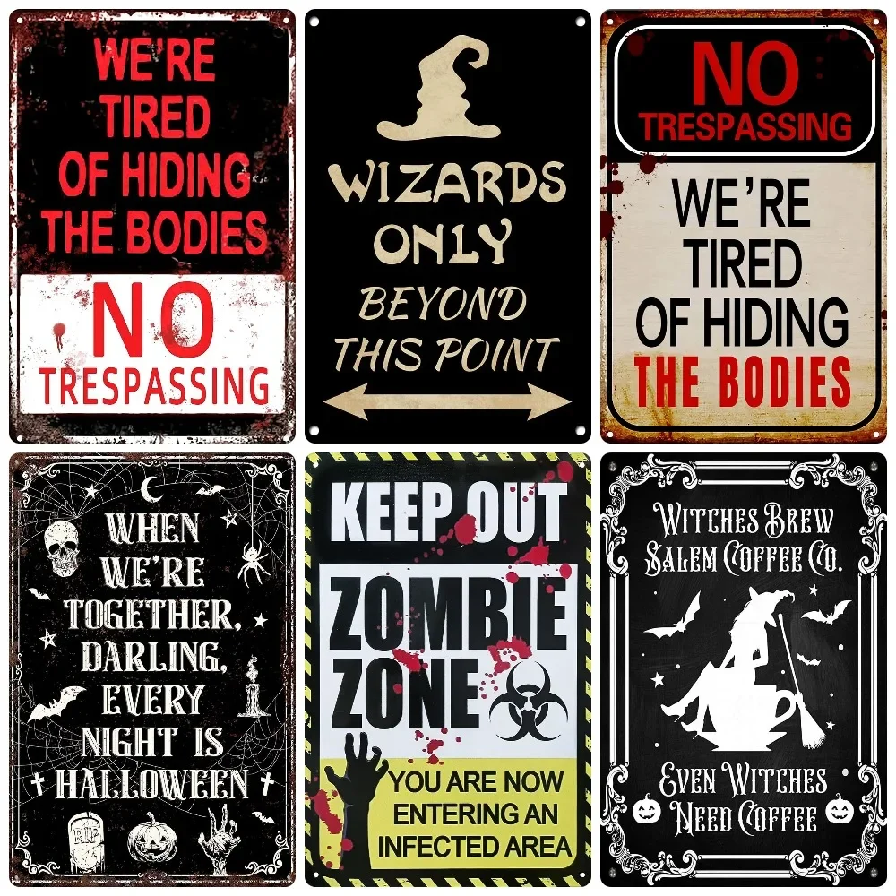 Vintage Witch Halloween Wall Art Poster, No Trespassing Metal Sign, Warning Tin Plates for Gift, Bar Party, Room Decoration WY68