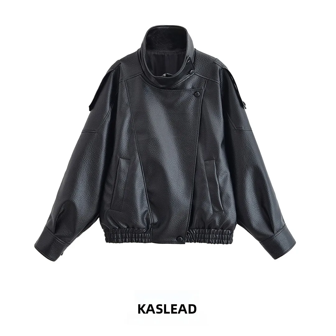 KASLEAD New Women's Faion Simple Litchi Pattern Leather Jaet Street Sle Loose Fit Warm Polyester Long Sve Zipper Coat