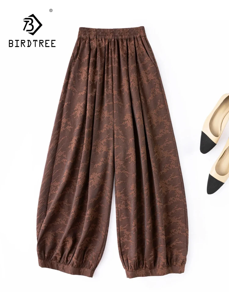 BirdTree-80%Silk Guanle Crepe Elegant Pants, Elastic Waist Jacquard, Women Retro Casual Bloomers Pants, 2026 Autumn New B6O364CC