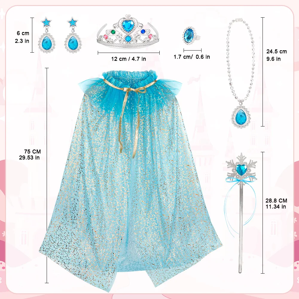 Zestaw Akcesoriów do Zabawy w Dom dla Dziewczynek: Peleryna Księżniczki, Naszyjnik/Korona/Kolczyki/Peleryna, Zestaw Rapunzel, Tiulowa Peleryna z Cekinami do Odgrywania Ról