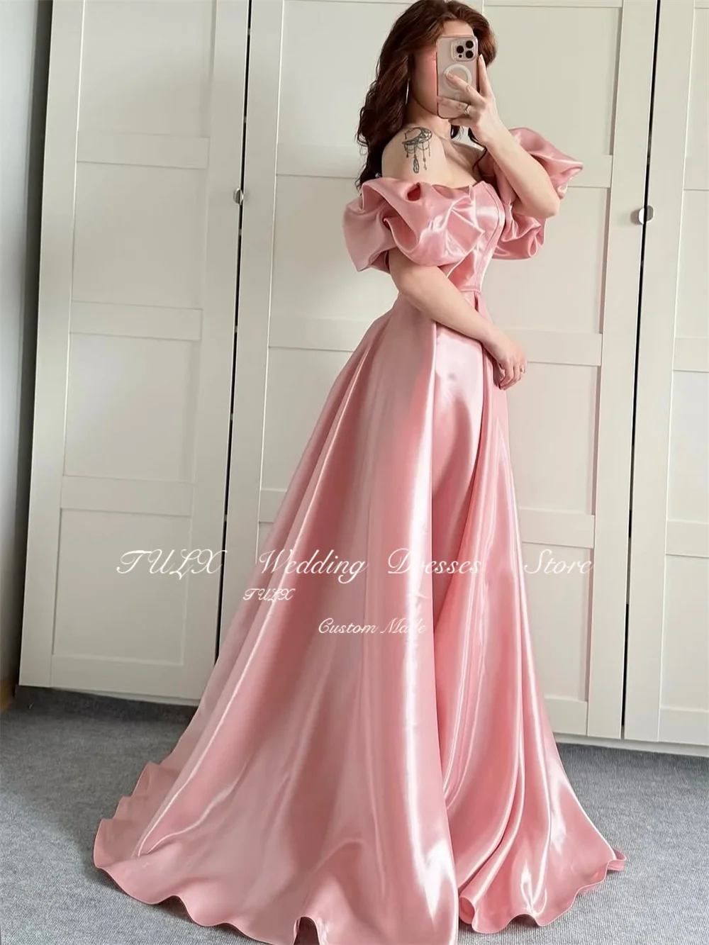 TULX – robe de soirée en Satin rose, sans bretelles, manches bouffantes, ligne A, longueur au sol, robe d'événement formelle arabe personnalisée