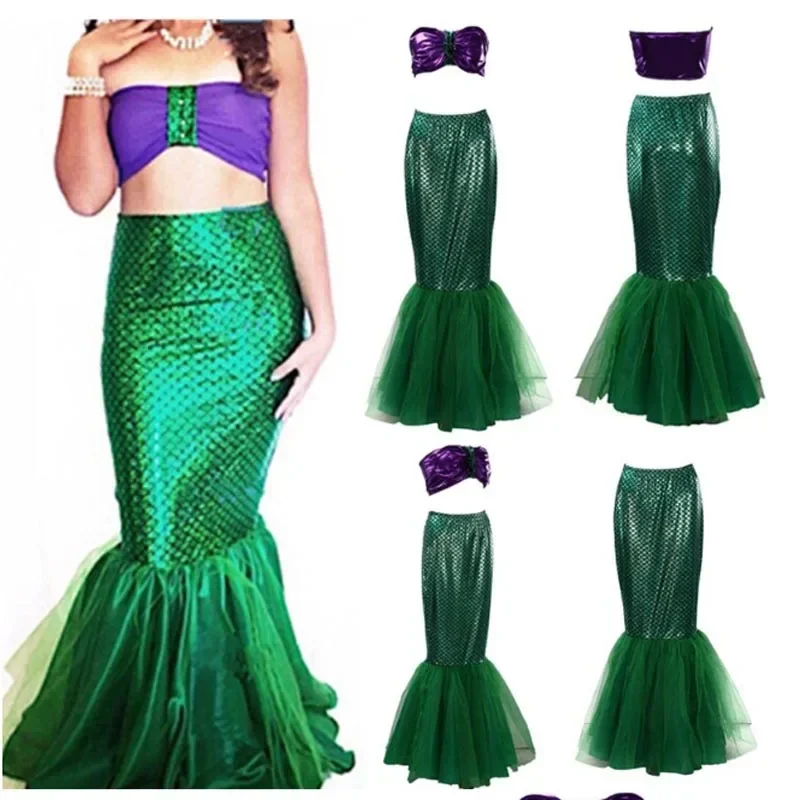 Mermaid Cosplay Fancy Party Sexy Long Maxi Dress 2pcs Adult Girl Femme Princess Women Halloween Christmas Party Costume Set