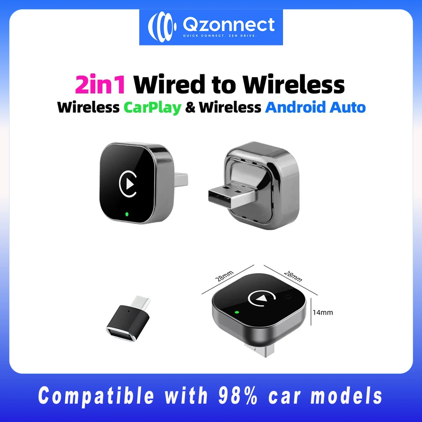 Qzonnect 2025 محول CarPlay اللاسلكي الجديد ونظام Android Auto |   دونجل لاسلكي – مدمج للغاية |   لسيارة CarPlay السلكية من المصنع AA