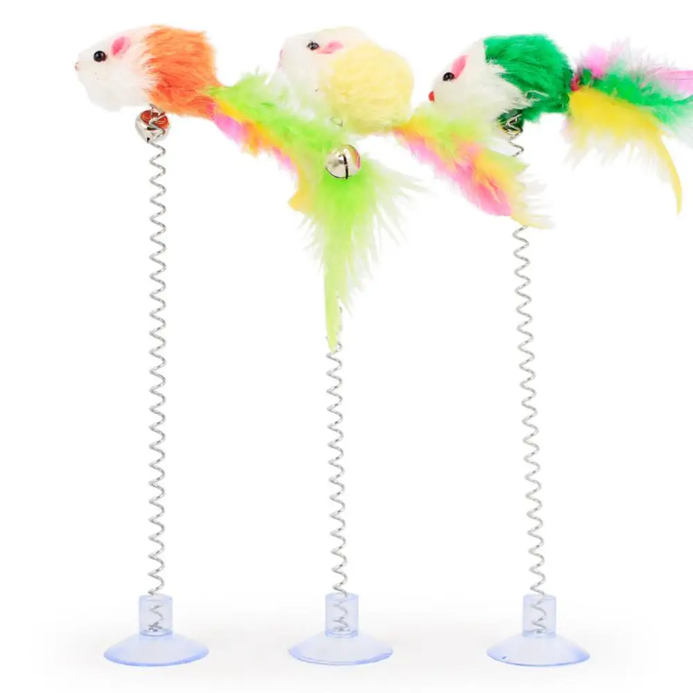 Interesting Elastic Color Mouse And Feather Bottom Sucker Multicolor Feather Stick Spring Toy With Bell Mouse Cat Interactive