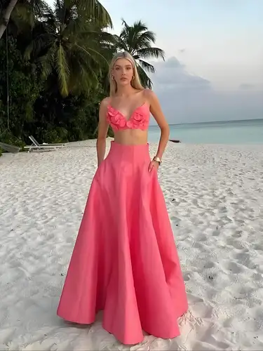 VEITCHE Primavera Verano mujeres Rosa flor recortada Top falda conjunto moda alta cintura falda larga 2 piezas traje Vocation playa traje