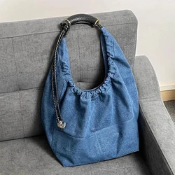 Catwalk Large Capacity Garbage Denim Pleated Tote Bags For Women Luxury Designer Handbag Purses 2024 New In Rope Straps Shoulder