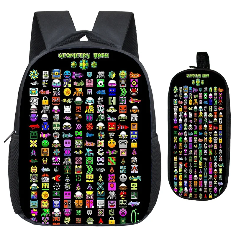 Angry Geometry Dash Backpack 2pcs Set Kids School Bags Kindergarten Backpack for Preschool Boys Girls Cartoon Bookbag Pencil Bag