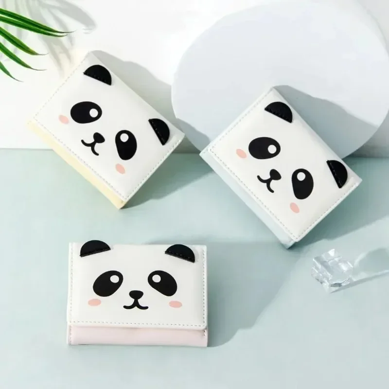 Cute Panda Three Fold Short Wallets Students PU Leather Pocket Mini Coin Purse Ultra-thin Small Buckle Card Bag Small Money Clip