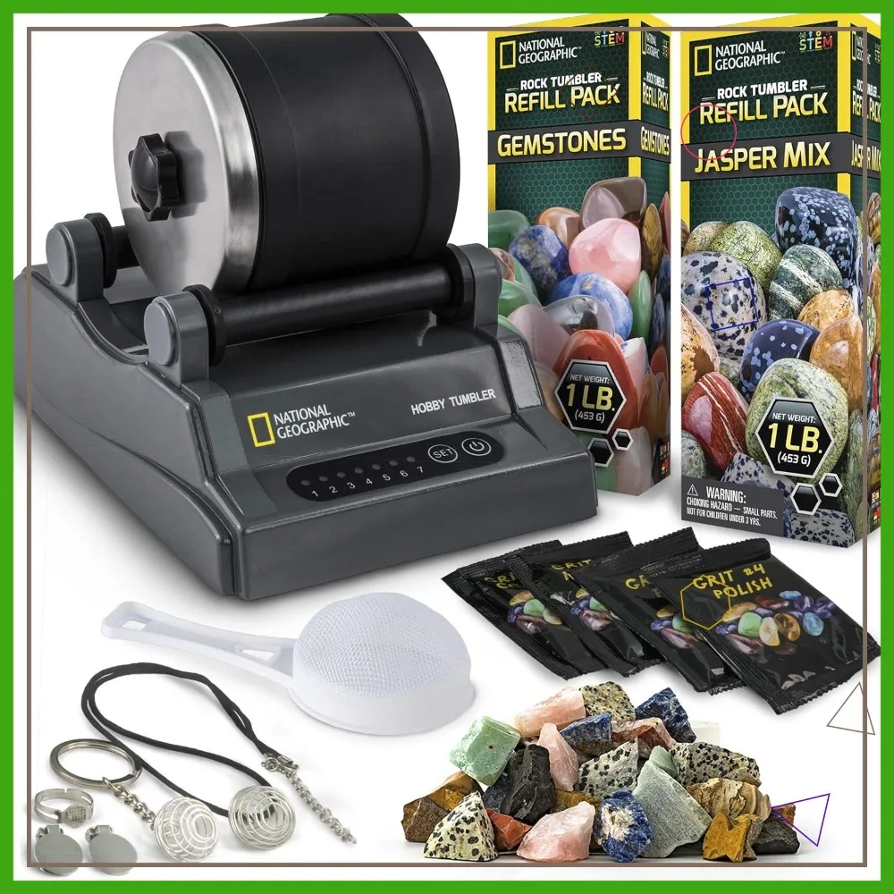 

Rock Tumbler Kit for Adults & Kids - Noise-Reduced Barrel, 2.5 Lbs Raw Gemstones & Jasper, STEM Hobby