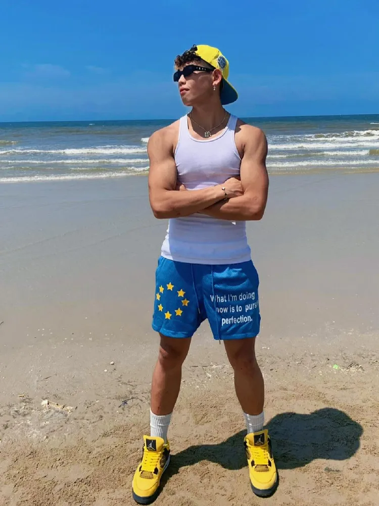 

Мужские летние свободные баскетбольные брюки American Sle North Carolina Blue Breathable Me с принтом длиной до колена