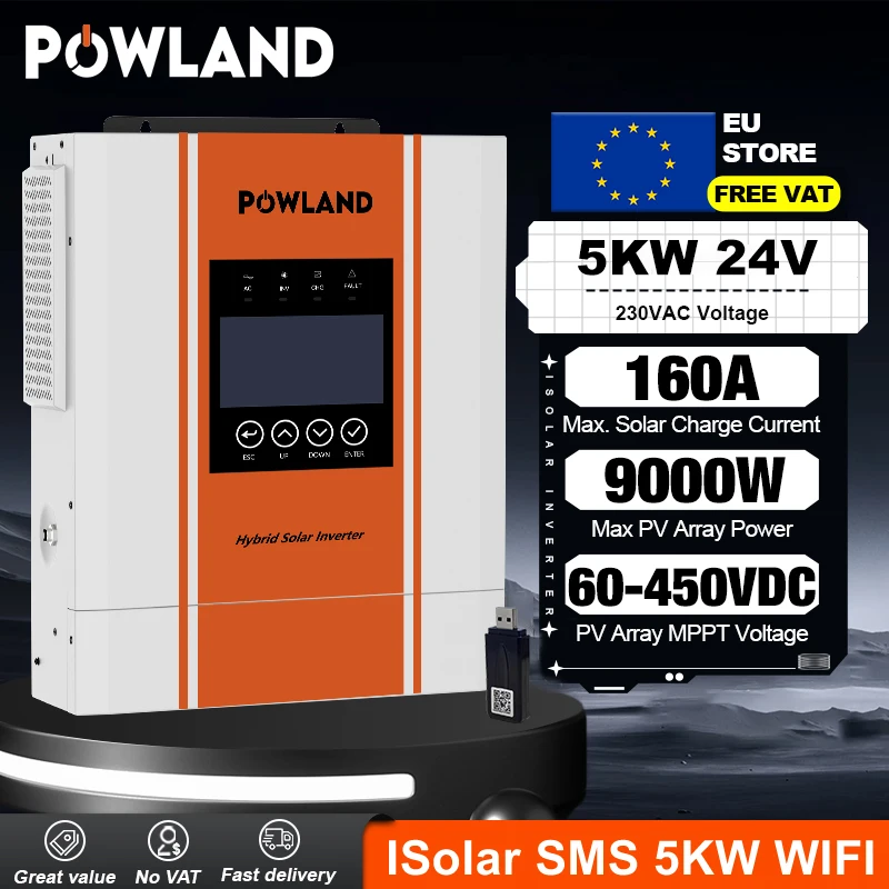 Inverter Solare Ibrido POWLAND 5KW 24V con MPPT Parallelo, Spedizione Gratuita, BMS Opzionale, WIFI, Onda Sinusoidale Pura, RS485 - Disponibile nel Magazzino EU
