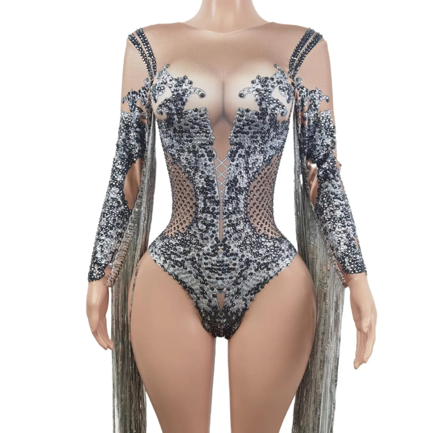 Sexy Kwastje Rhinestone Stage Bodysuit Vrouwen Nachtclub Crystal Stretch Skinny Bodysuit Pole Pomper Turnpakje Vrouw X2104001