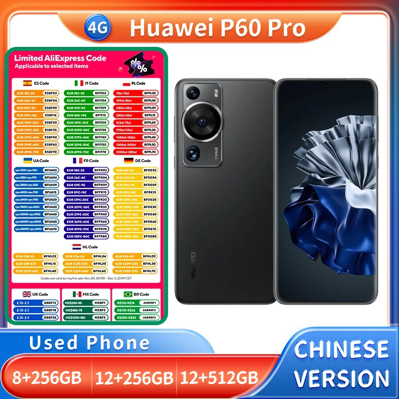 شاشة الهاتف الذكي Huawei P60 Pro 4G مقاس 6.67 بوصة 2700 × 1220 بكسل 4815 مللي أمبير في الساعة وحدة المعالجة المركزية Snapdragon 8+ ثنائي الشريحة (نانو SIM) هاتف مستعمل