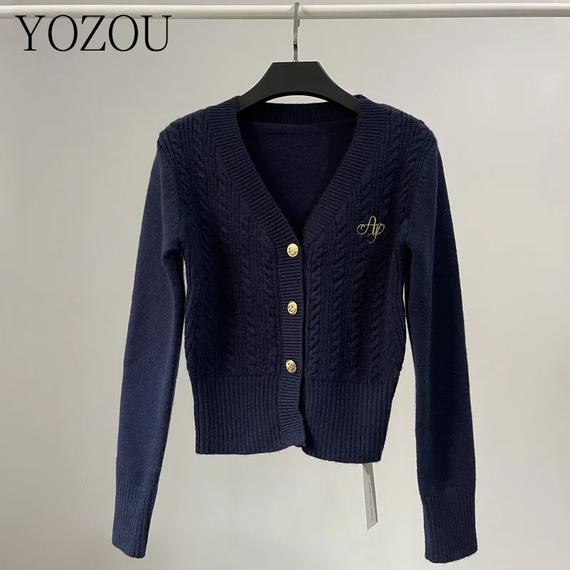 [YOZOU] Embroidered Knitwear V Neck Preppy Style Cardigan Elegant Luxury Woman Sweater Aesthetic Crop Knit Korean Outerwear Gray