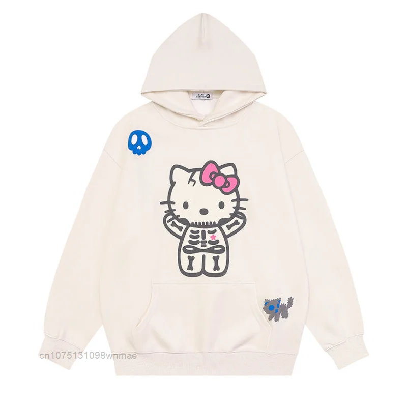 Sanrio Hello Kitty Halloween Skeleton Punk 100% Cotton Hooded Sweater for Men and Women, Plush Thickened Hoodie, Y2k Fashion