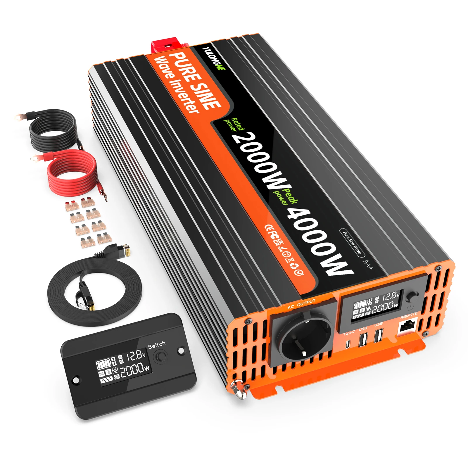 YULONGNE – czysty falownik sinusoidalny, maksymalna moc 4000 W, przetwornica napięcia DC12V na AC230V, gniazdo europejskie, sterowanie przewodowe, wyświetlacz LCD, port USB typu C – do użytku w — 2