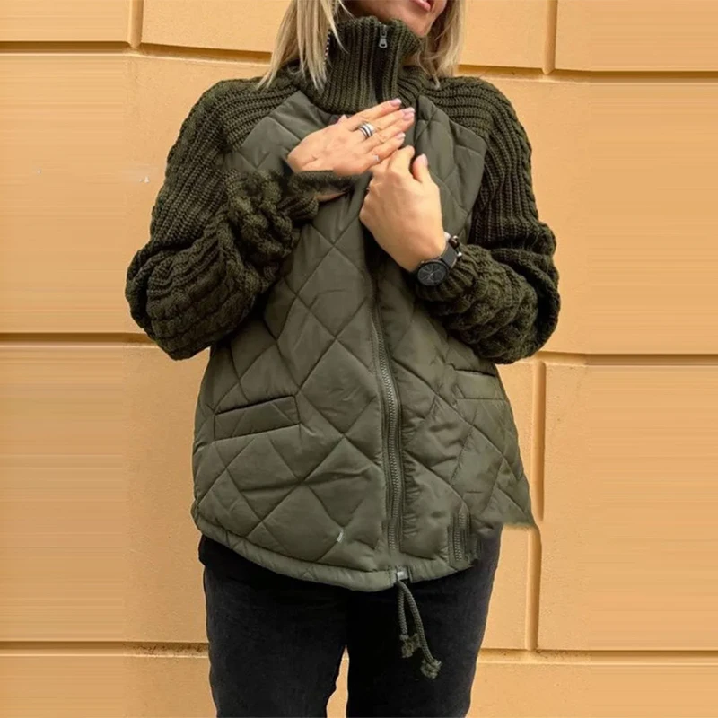 Autumn Winter New Solid Patchwork Long Sleeve Coat Elegant Jacquard Stand Collar Zipper Jacket Fashion Women Drawstring Outwear