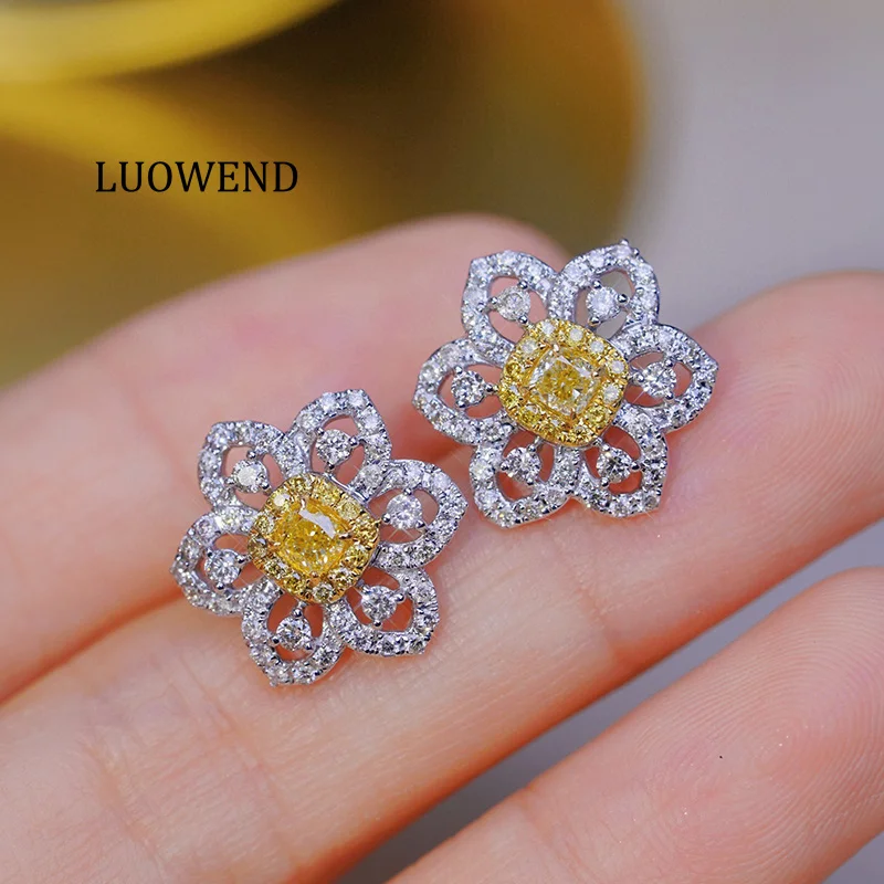 LUOWEND 100% 18K White Gold Earrings Real Natural Yellow Diamond Stud Earrings Luxury Flower Design High Women's Party Jewelry