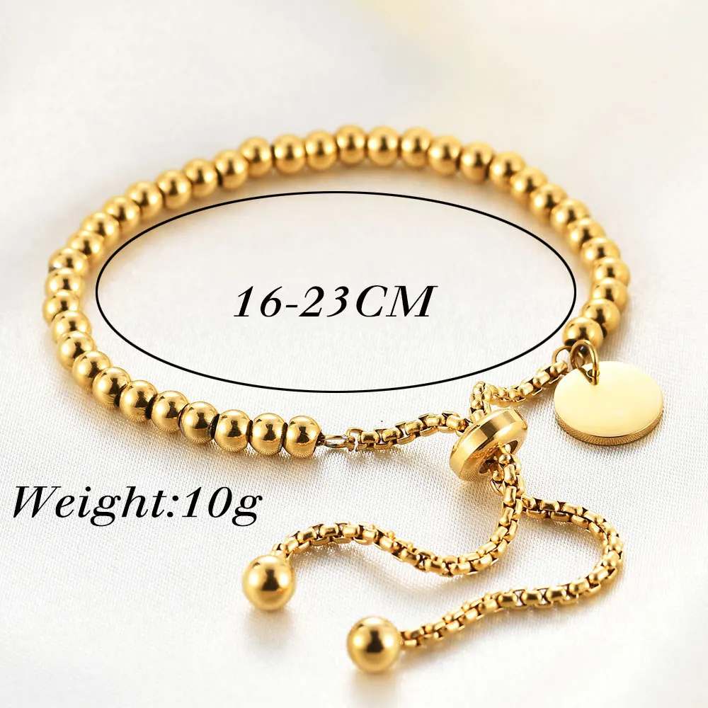 Exquisite 18K Gold Stainless Steel Bracelet for Women Minimalist Circular Hang Tag With Adjustable Round Bead Bracelet Jewelry