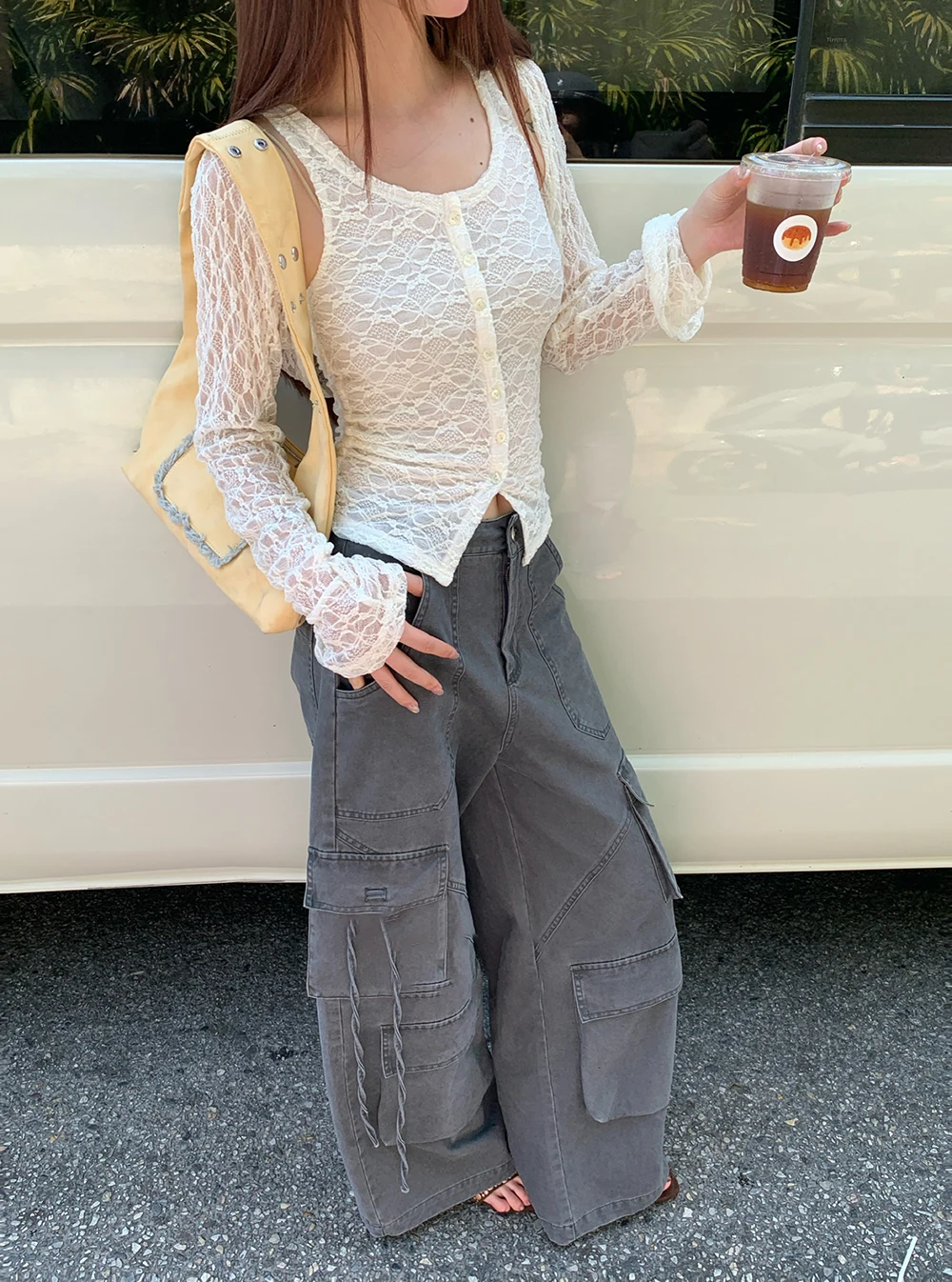 

Cleanfit Style Short Lace Open Cardigan Two-Piece Set Heavy Embroidery Design round Neck Long Sleeve Women's Polyester Fiber