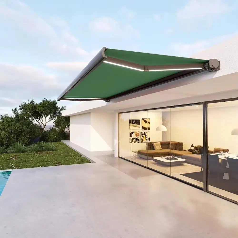 Villa Installed Against The Wall Retractable Intelligent Sunshade Waterproof Fabric Aluminum Frame Canopy Easy To Install Awning