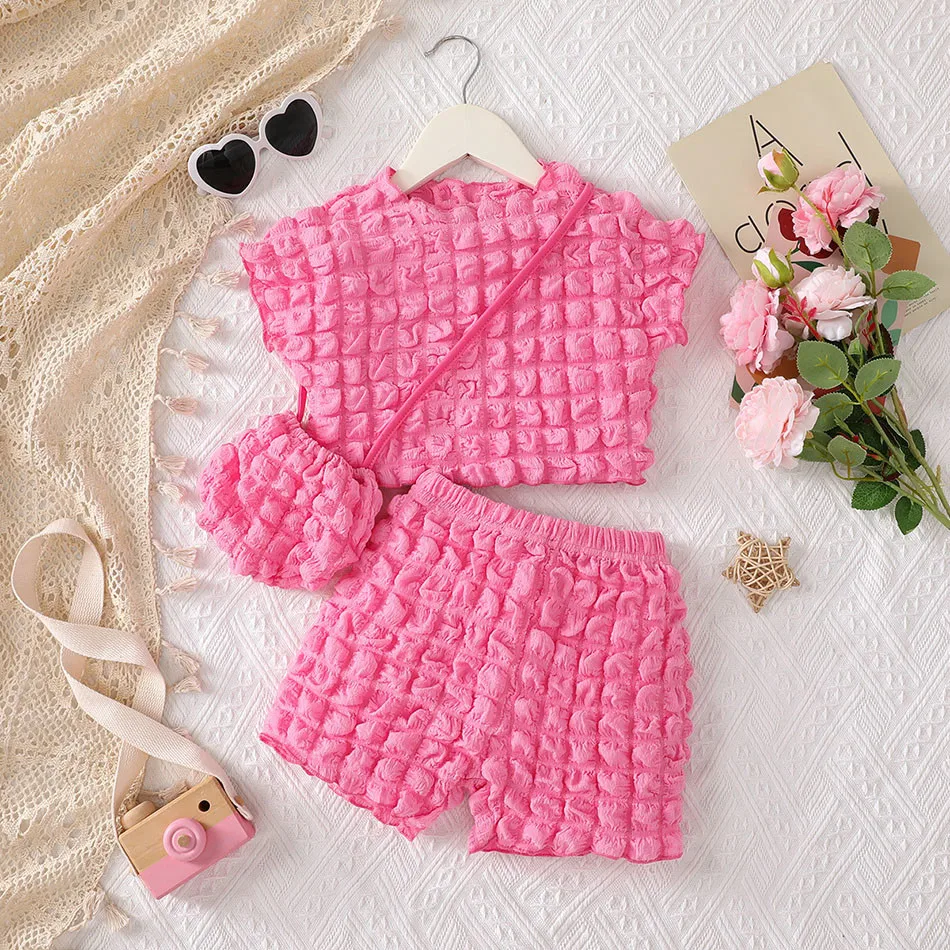 Children Sets Girls Summer Ensemble Round Neck Bubble Sleeve Top Shorts and Bag Sweet 3-Piece Set for Trendy Little Fashionistas