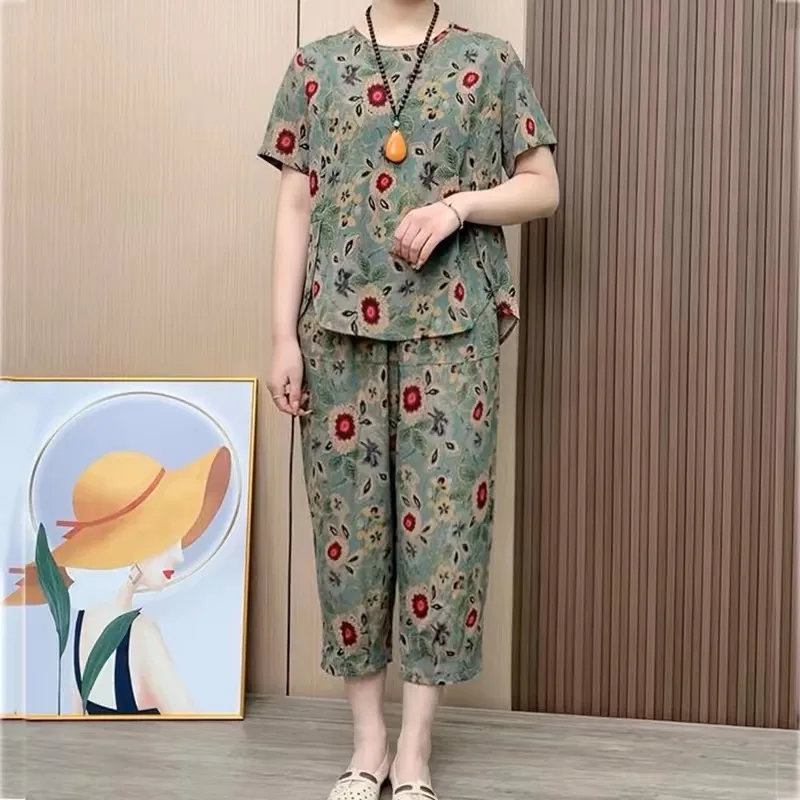 Grandma Summer Women's Suit Temperament Pajama Sets Fashion Two-piece Short Sleeve Sleepwear T-shirt Plus Size Homewear Pijama