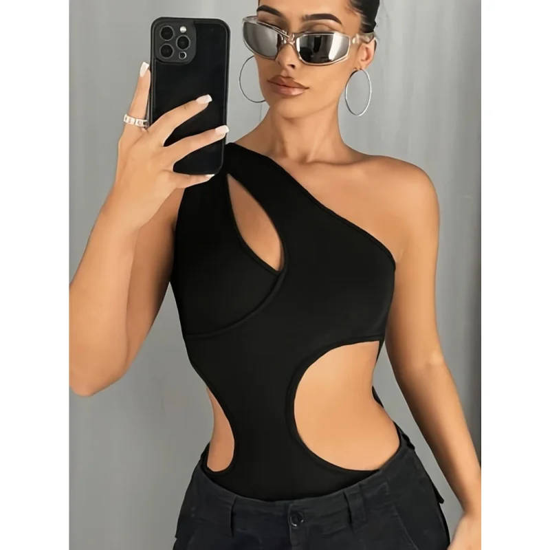 

Sexy women's bodysuit, new summer style, black, slim fit, one-piece swimsuit, hides belly, a must-have for beach trips.
