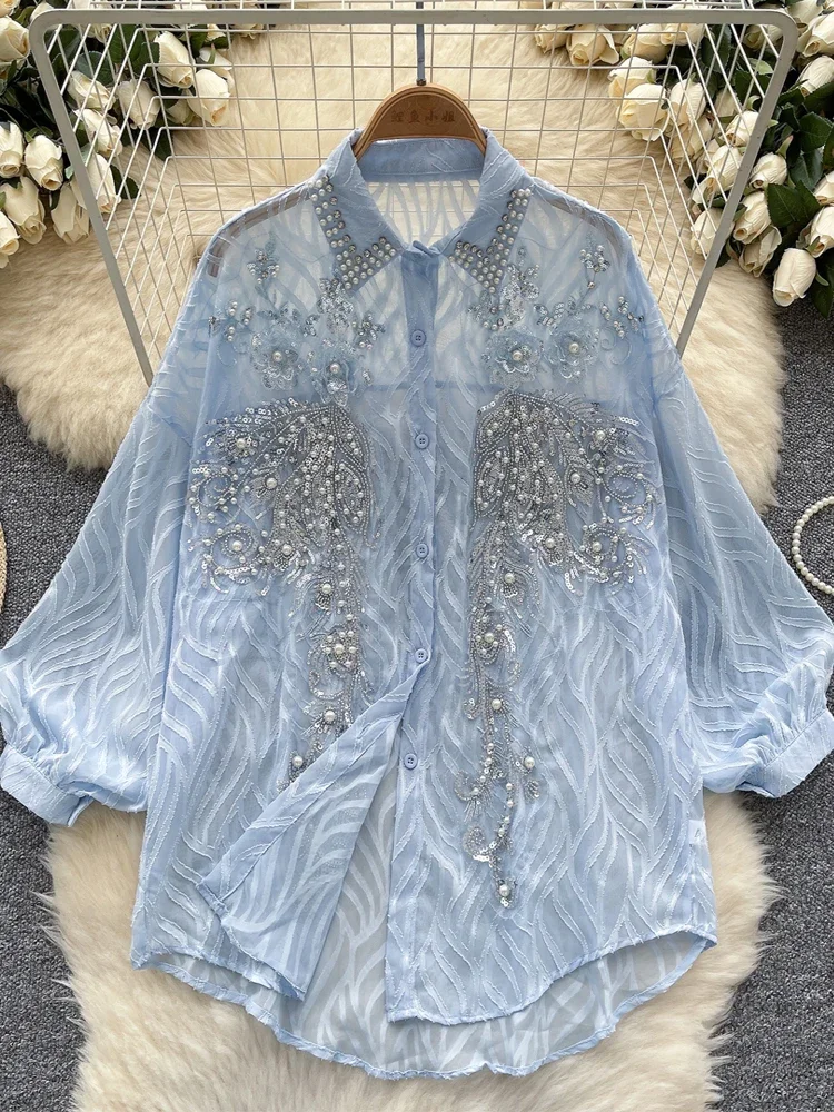 

2025 New Spring French Heavy Industry Lantern Sleeve Blouse Women White Shirt Sequin Embroider Diamonds Thin Casual Tops