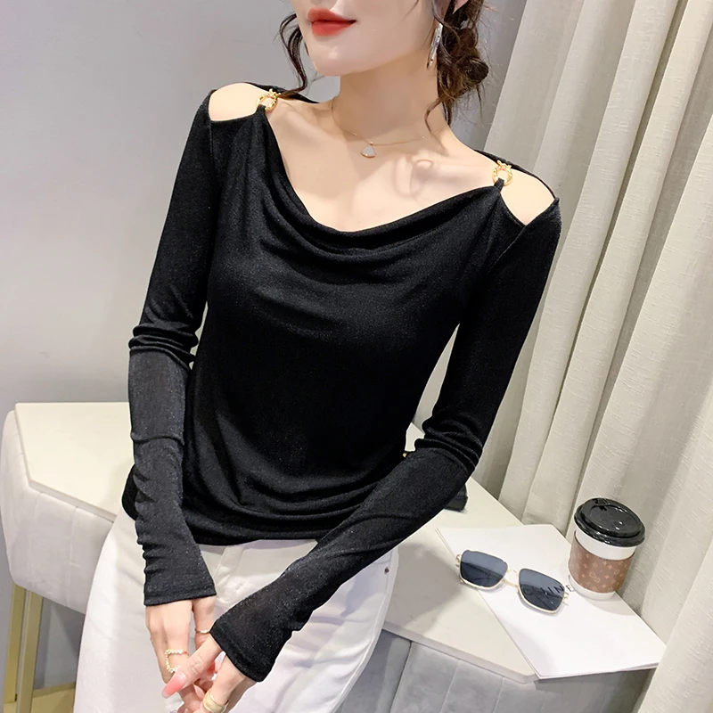 Sexy évider Base irt femmes printemps Faion nouvelle oulder exposition longue Sve Slim Fit irt coréen Sle trajet vent