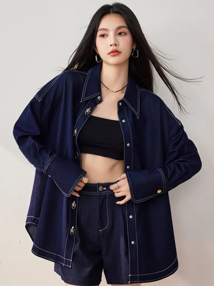 سترة دنيم زرقاء متعددة الاستخدامات للنساء، طراز جديد لخريف وشتاء 2024، بسيطة وراقية، فضفاضة وغير رسمية بأكمام طويلة #4