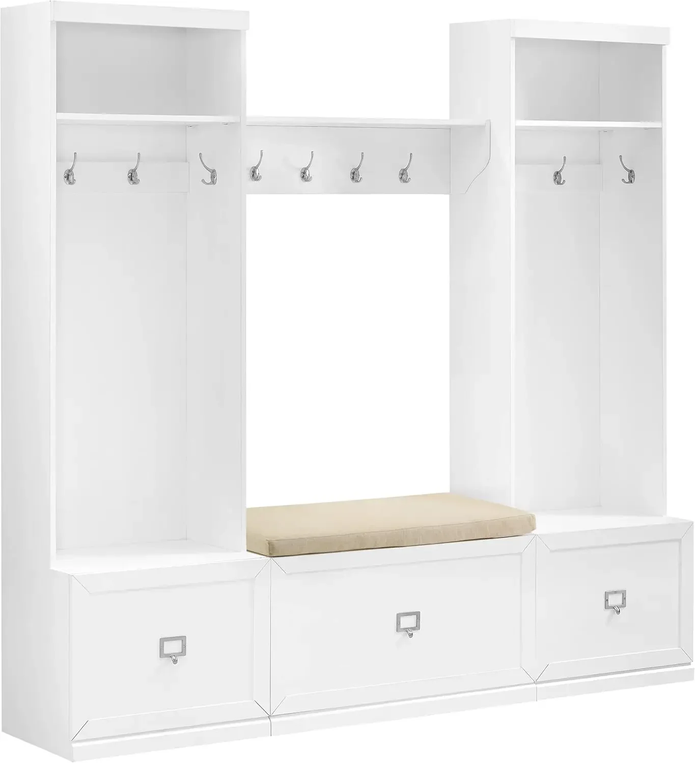 Harper 4-Piece Entryway Set with Bench, Shelf, and 2 Hall Trees, White