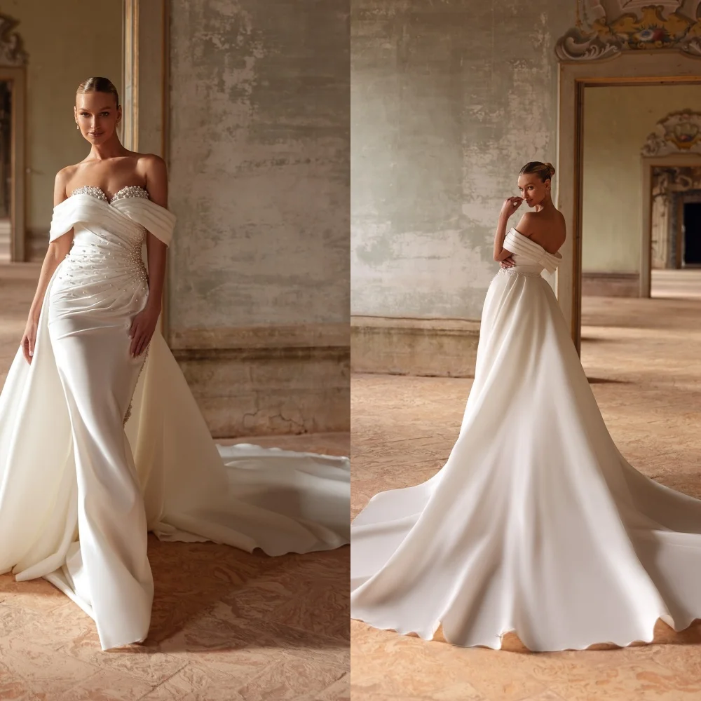 Vestido de novia de manga corta con hombros descubiertos, elegante, personalizado, de satén, sin tirantes, exquisito tren capilla, vestidos de novia sin espalda