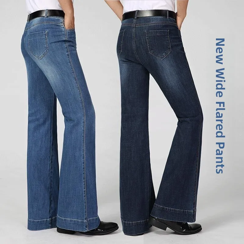 80s Style Men's High Waist Elastic Wide Leg Jeans Retro Micro Flared Denim Pants Straight Cut Non-Shrinkage Fall Season Wear