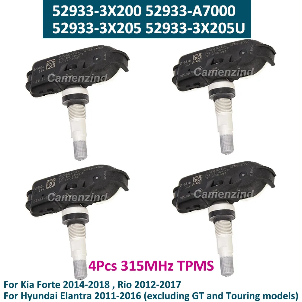

4 шт. датчики TPMS 52933-3X200 529333X200 52933-A7000 для Kia Rio 2012-2017 Forte 2014-2018 для Hyundai Elantra 2011-2016 315 МГц