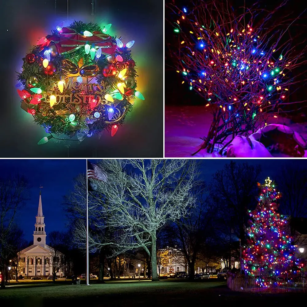 50FT C7 Christmas String Lights RGB Dimmable Faceted Strawberry Led Bulbs Connectable Outdoor Fairy Lights Party Holiday Decor