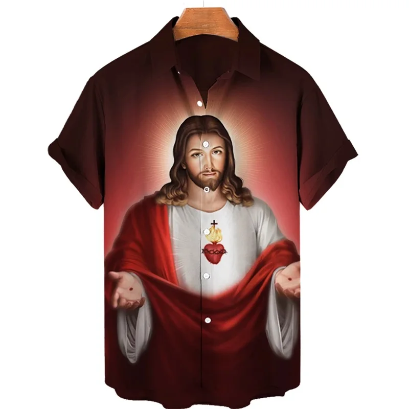 3D Print God Jesus Mary Hawaiian Shirts For Men Casual Short Sleeve Oversived Tee Shirt Top Clothes Men Button Up Shirts Blouses