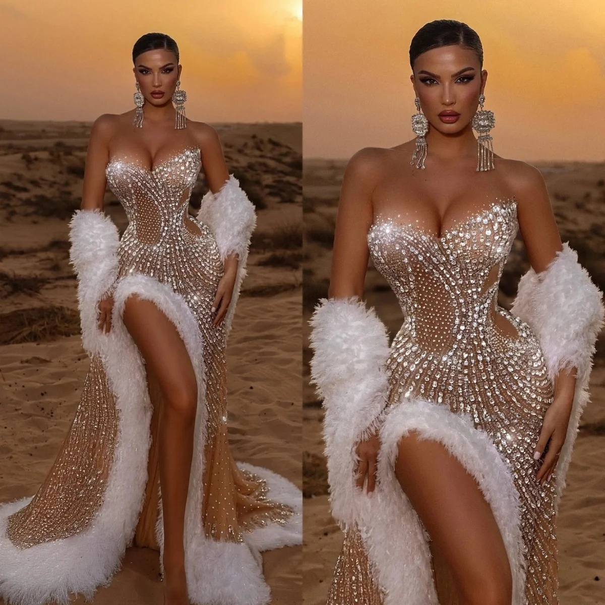 

Luxury Sweetheart Beaded Wedding Dresses For Women Sexy Feathers Sleeveless Bride Dresses Customized Side Slit Bridal Gown