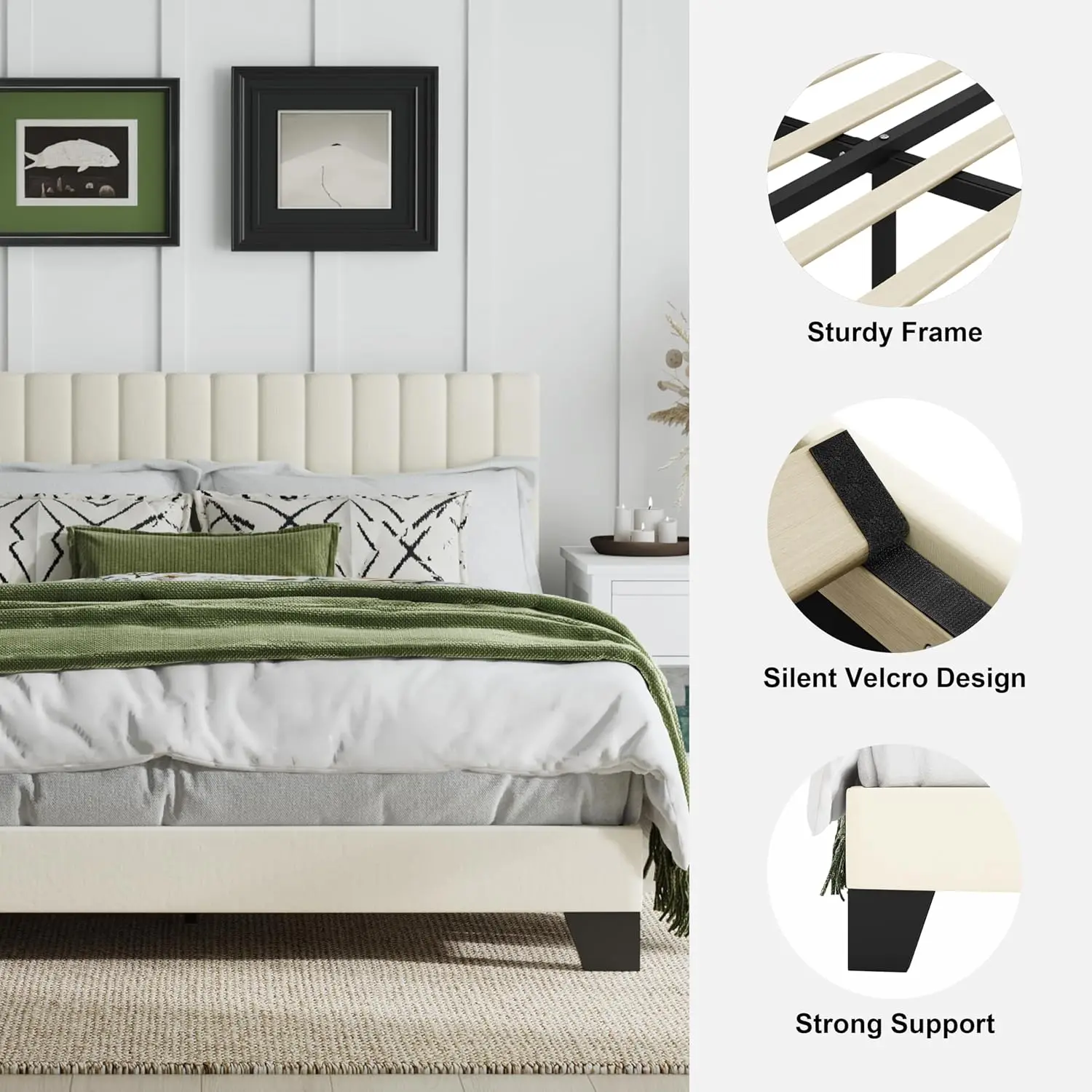 Queen Size Bed Frame, Velvet Upholstered Platform Bed with Adjustable Tufted Headboard, Sturdy Frame and Slats, Noiseless, No Bo - view 5