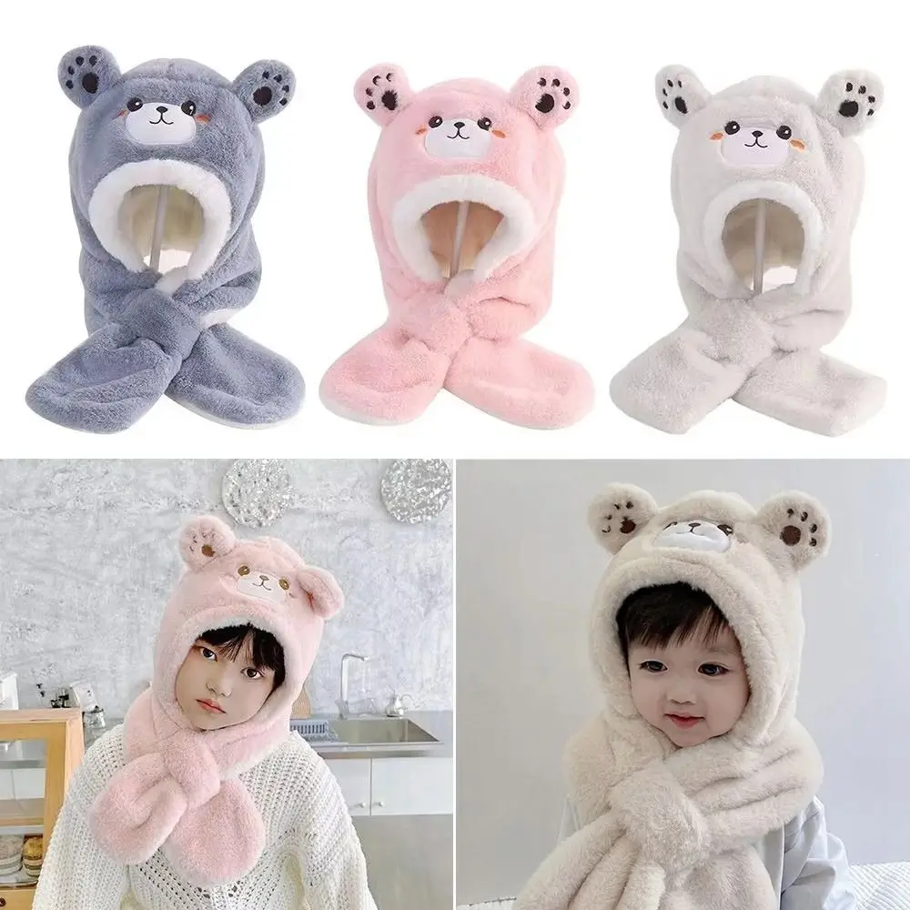 Fashion Plush Winter Baby Hats Soft Thickened Kids Earflap Bonnet Cap Windproof Cartoon Bear Ear Hooded Scarf Set for Children