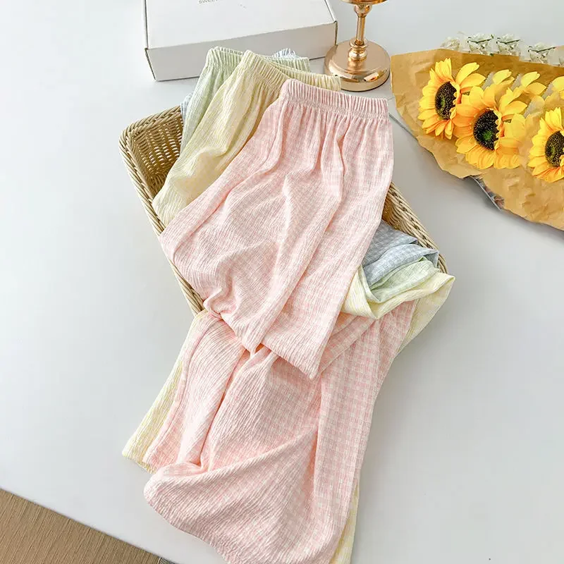 Cotton Pongee Pajama Pants in The Summer Thin Plaid Pants Can Be Worn Outside New Style Summer Fallow Ms. Air Conditioning Pants